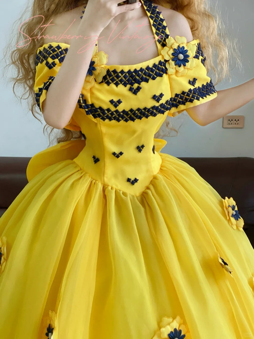 Yellow Floral Elegant Sunflower Long Tulle Ball Gown nv5022