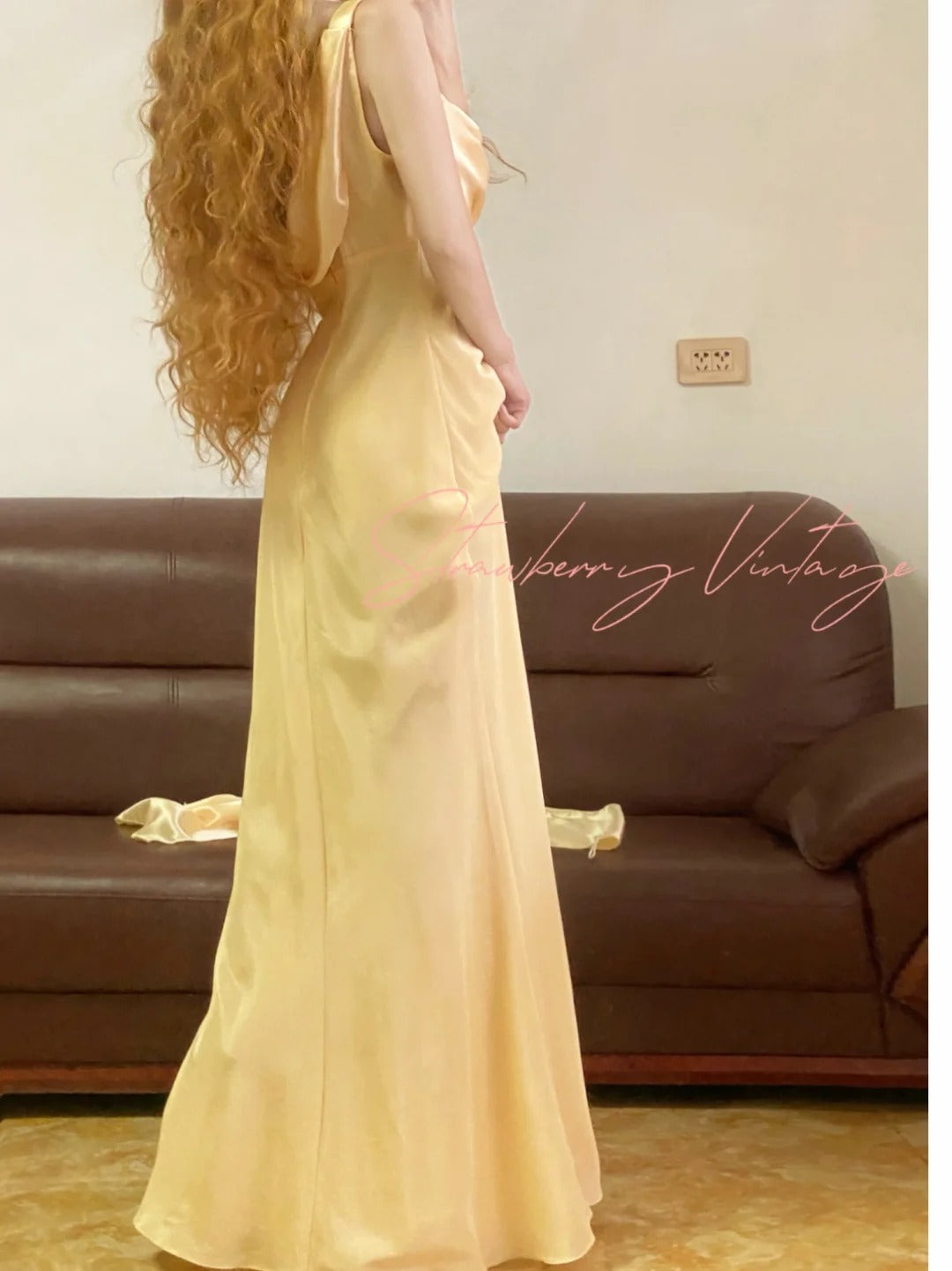 Yellow simple long vintage satin homecoming dress birthday party dress nv4998