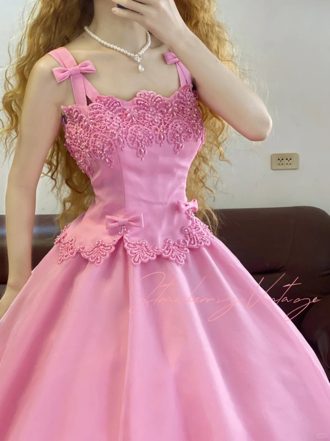 Pink Beaded Vintage Elegant Long Princess Satin Ball Gown nv5029