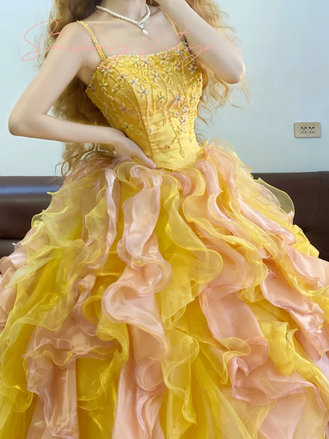Yellow Beaded Gradient Long Tulle Ball Gown Princess. nv5079