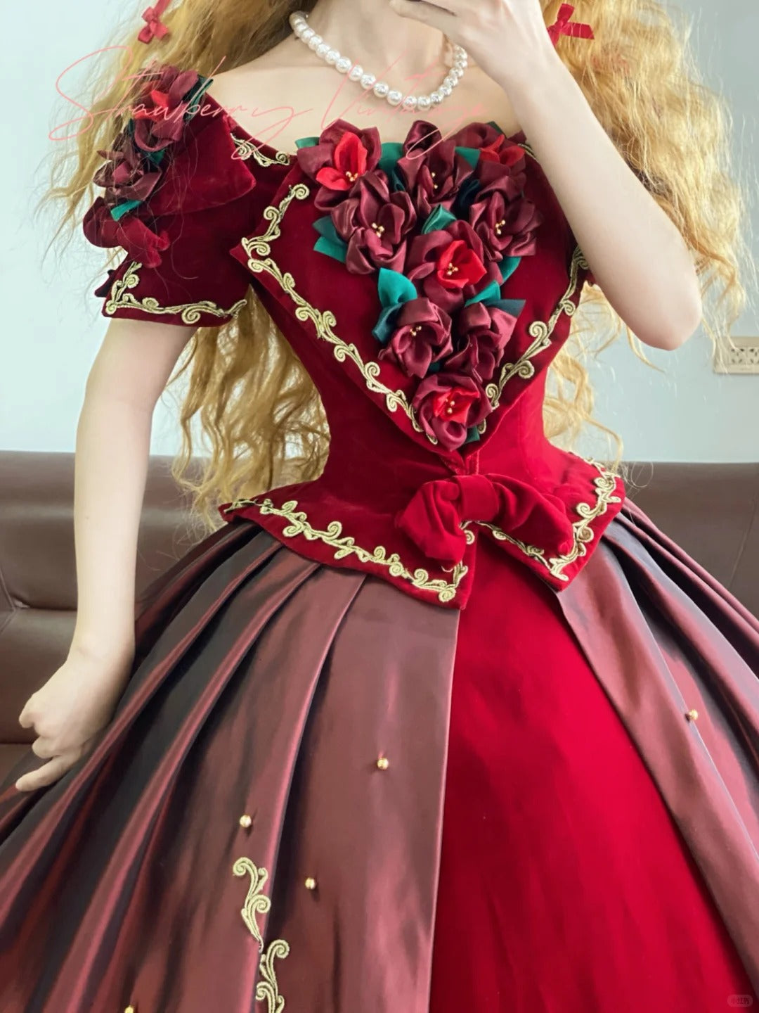 Burgundy Vintage Elegant Floral Long Satin Princess Ball Gown nv5006
