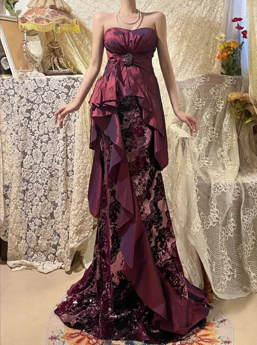 Purple Lace Beautiful Mermaid Long Satin Ball Gown Evening Dress nv4321