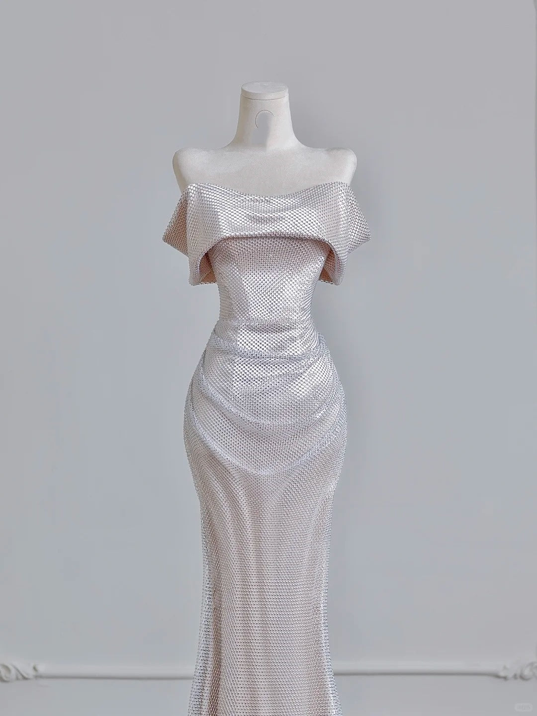 Silver Shiny Elegant Long Satin Prom Dress Evening Dress Party Dress nv4950