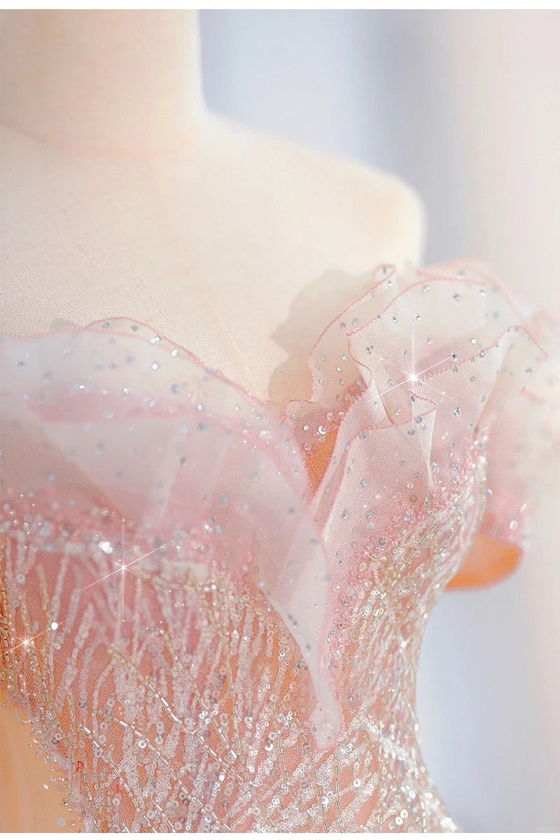 Pink Sparkling Elegant Long Tulle Ball Gown Evening Dress nv4227