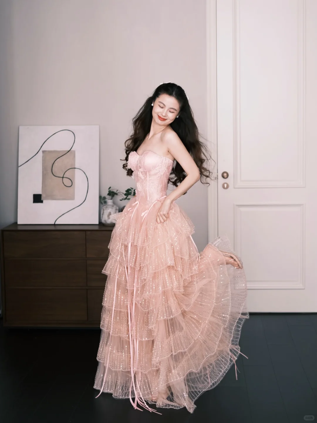 Blush Pink Tiered Sequin Tulle Prom Dress, Strapless Corset Evening Gown NV7283
