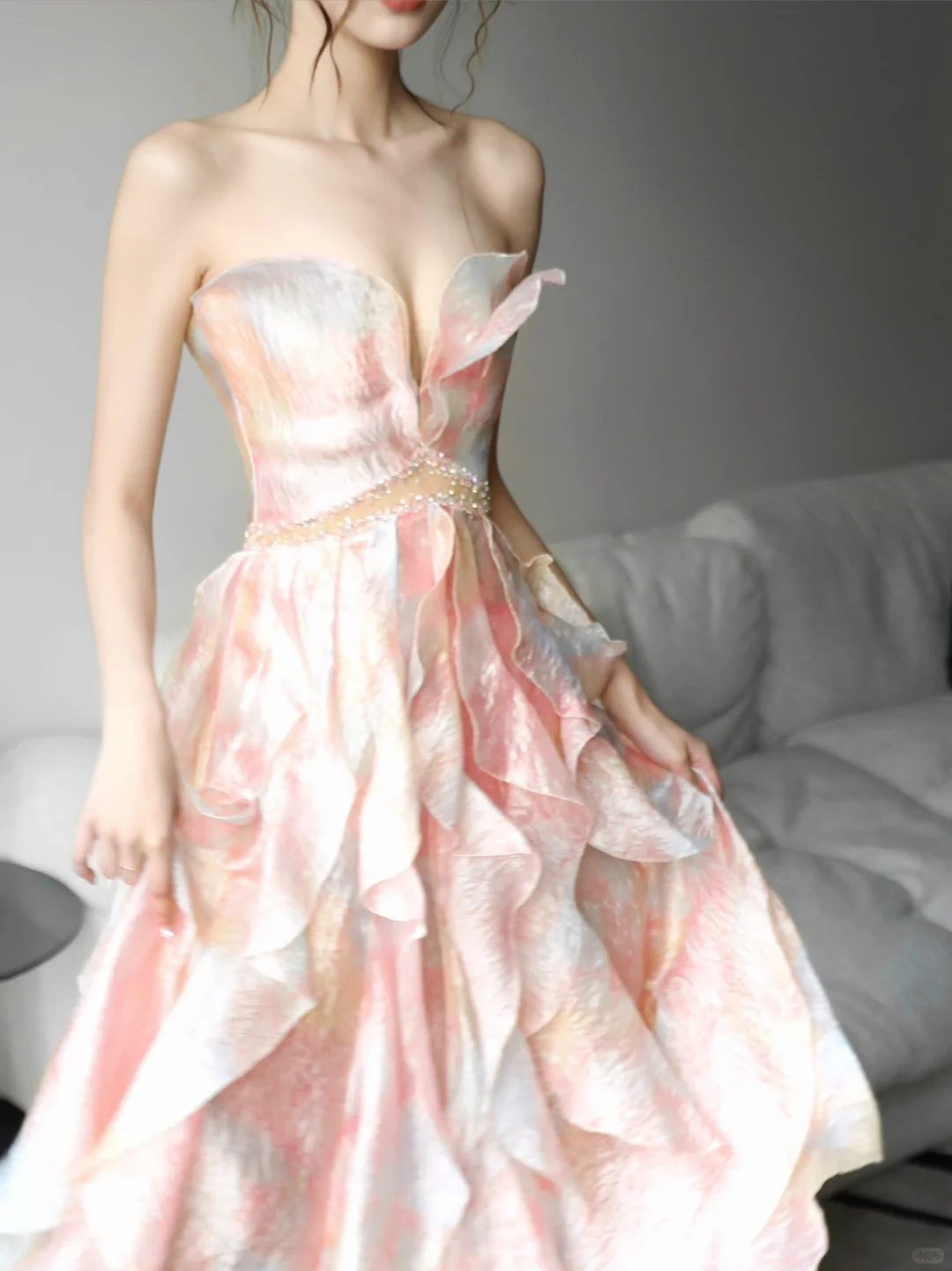 Pink Strapless Ombre Ruffle Prom Gown Watercolor Print Cutout Waist NV7184