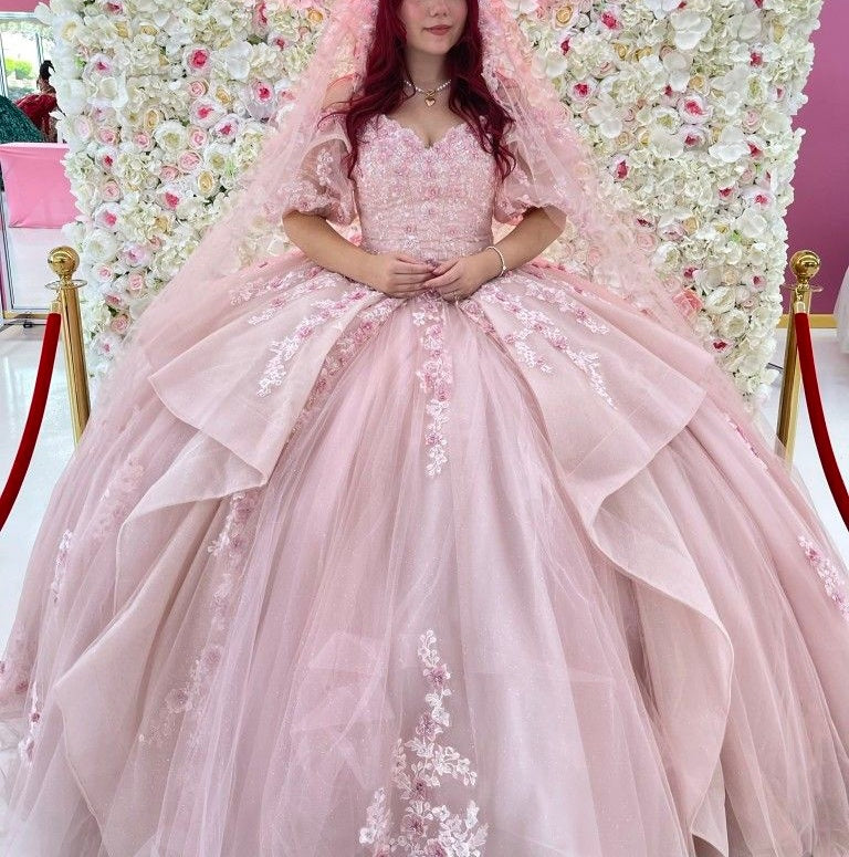 NiceVestidos--Pink exquisite lace floral long floor-length ball gown wedding dress NV5832