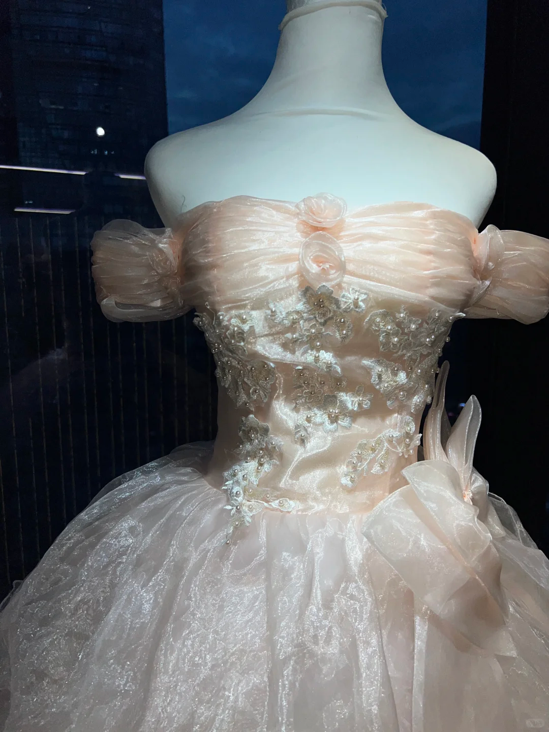 Off Shoulder Light Pink Princess Prom Dress Puff Sleeve Lace Tiered Tulle Ball Gown With Big Bow NV6987