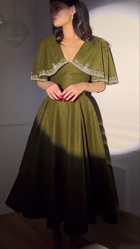 Olive Vintage Embroidery V Neck Long Dress Cape Short Sleeves Ball Gown Evening Dress nv1808