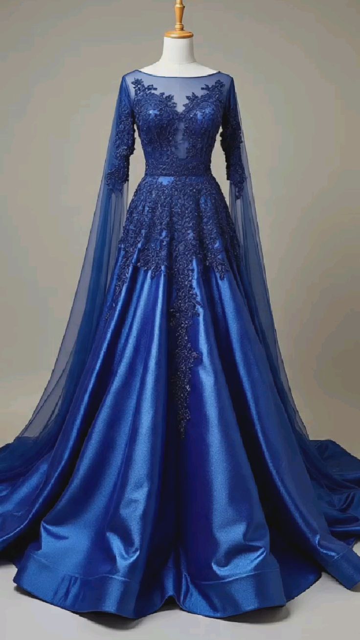 Robe de bal longue en satin et dentelle délicate bleue NiceVestidos NV6131