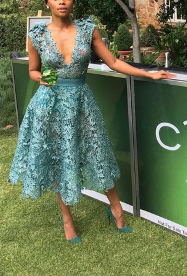 Blue Lace Sexy Deep V Neck Midi/Short Homecoming Dress Prom Dress Evening Dress Party Dress nv1128