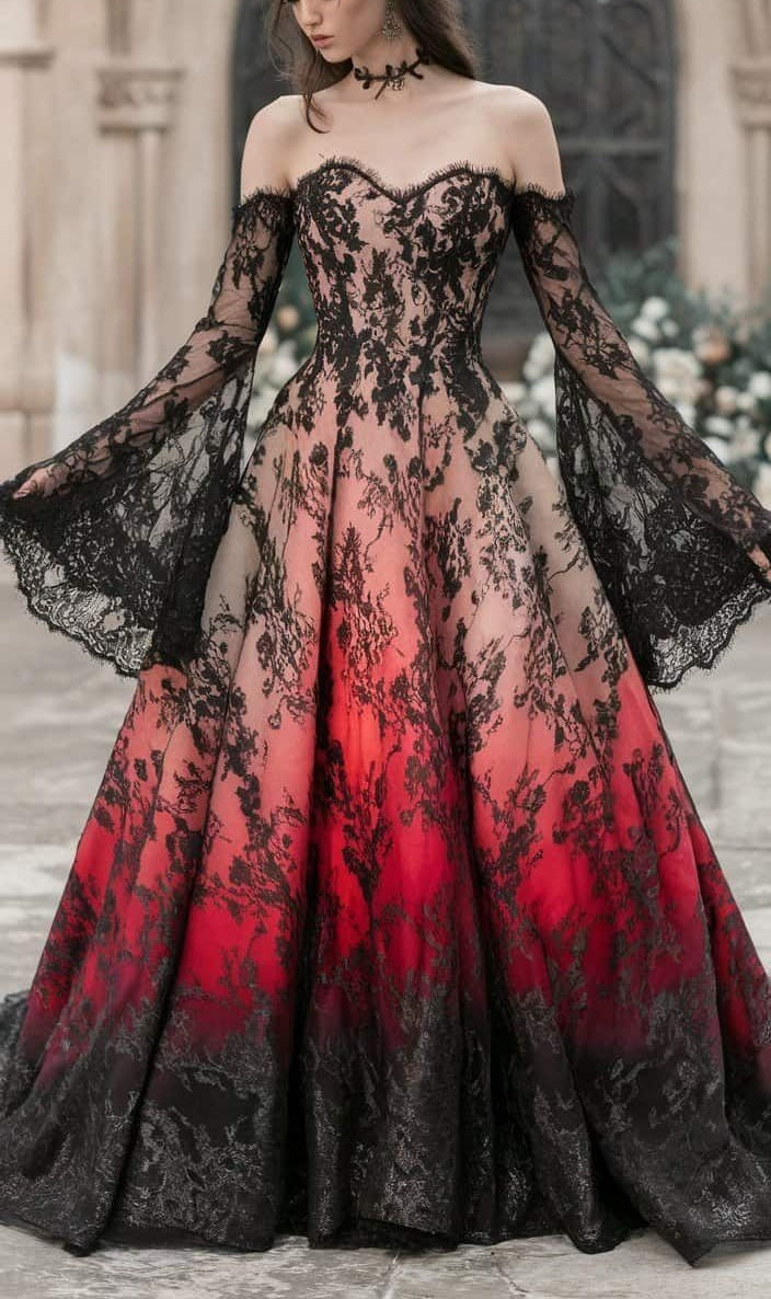 NiceVestidos-_Long-sleeved dress Red And Black Delicate Lace Gradient Long Ball Gown NV6055