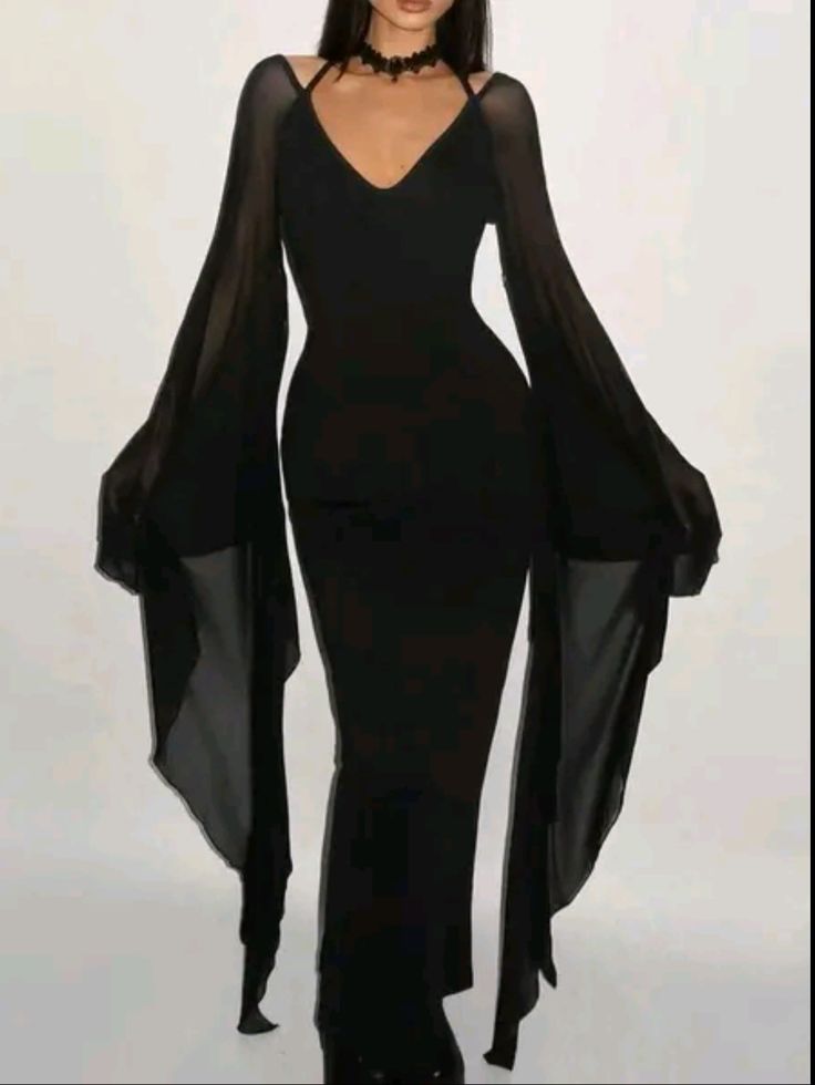 Robe moulante sexy style sombre en tulle noir à manches évasées, col en V et dos nu NV6256