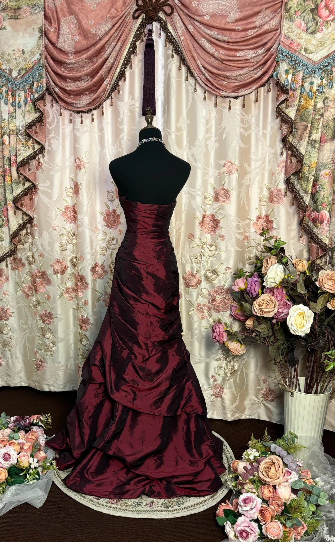 Burgundy Elegant Retro Long Satin Ball Gown Evening Dress Adult Ceremony Dress Birthday Dress nv4200