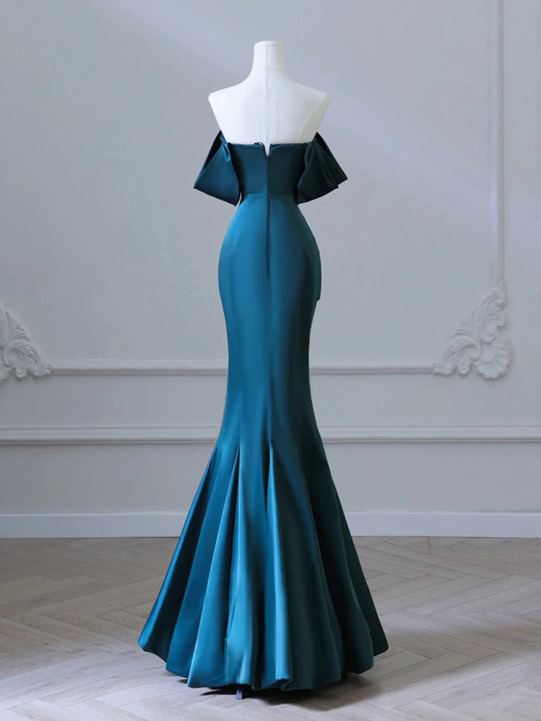 Simple Off Shoulder Satin Ink Blue Long Prom Dress, Ink Blue Long Formal Dress nv1467