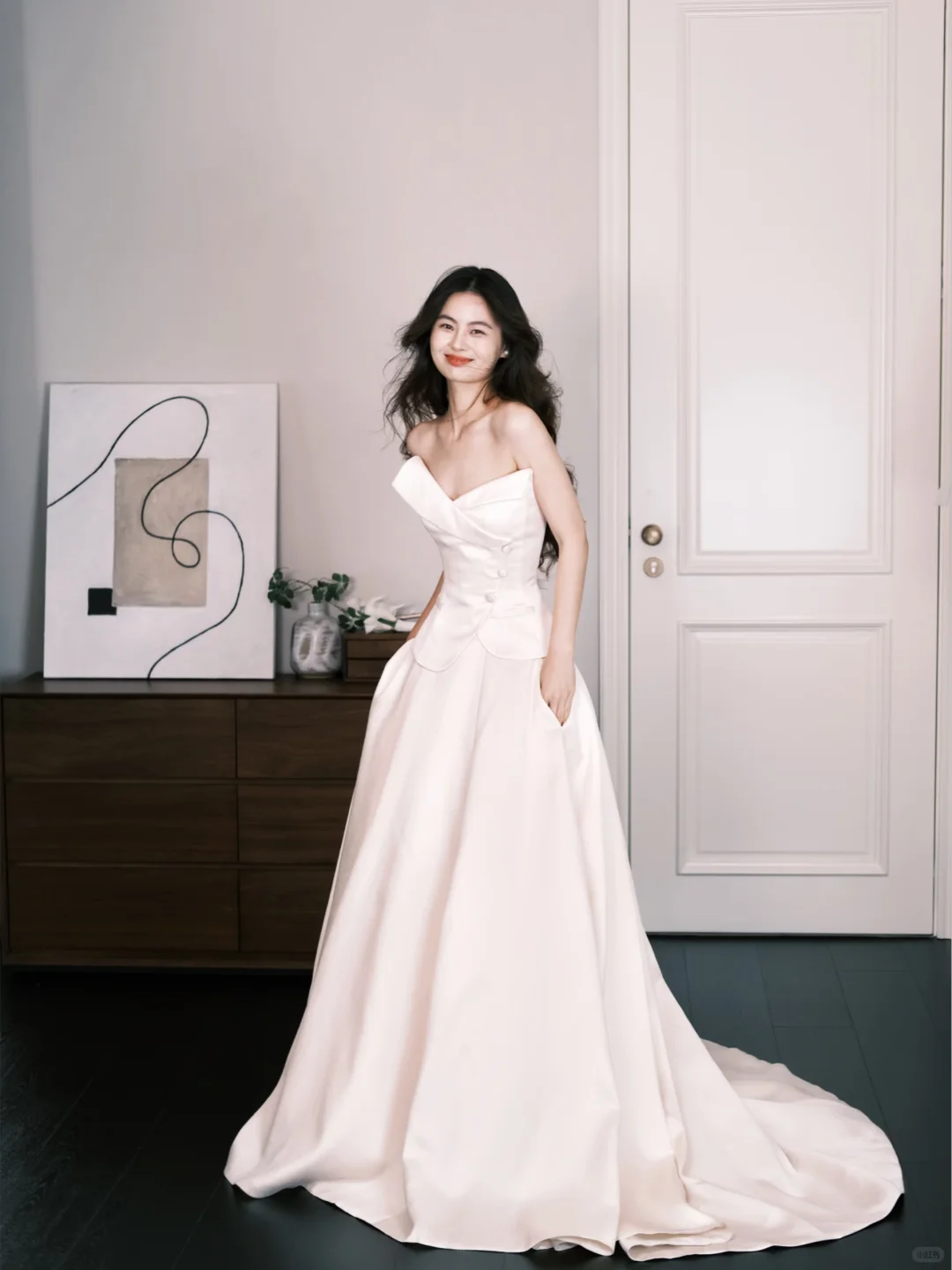 Off Shoulder Satin Bridal Gown, Minimalist Wedding Dress with Pockets NV7293