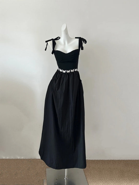 Black Bow Stylish Elegant Long Satin Prom Dress Evening Dress Party Dress nv4180