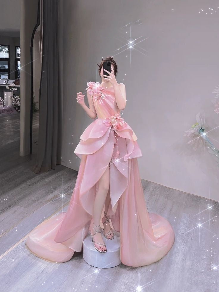 Pink Pretty Fashion Elegant Exquisite Beaded Flower Fairy Off-the-shoulder Satin Long Tulle Floor-length Ball Gown Sequined Evening Dress nv3821