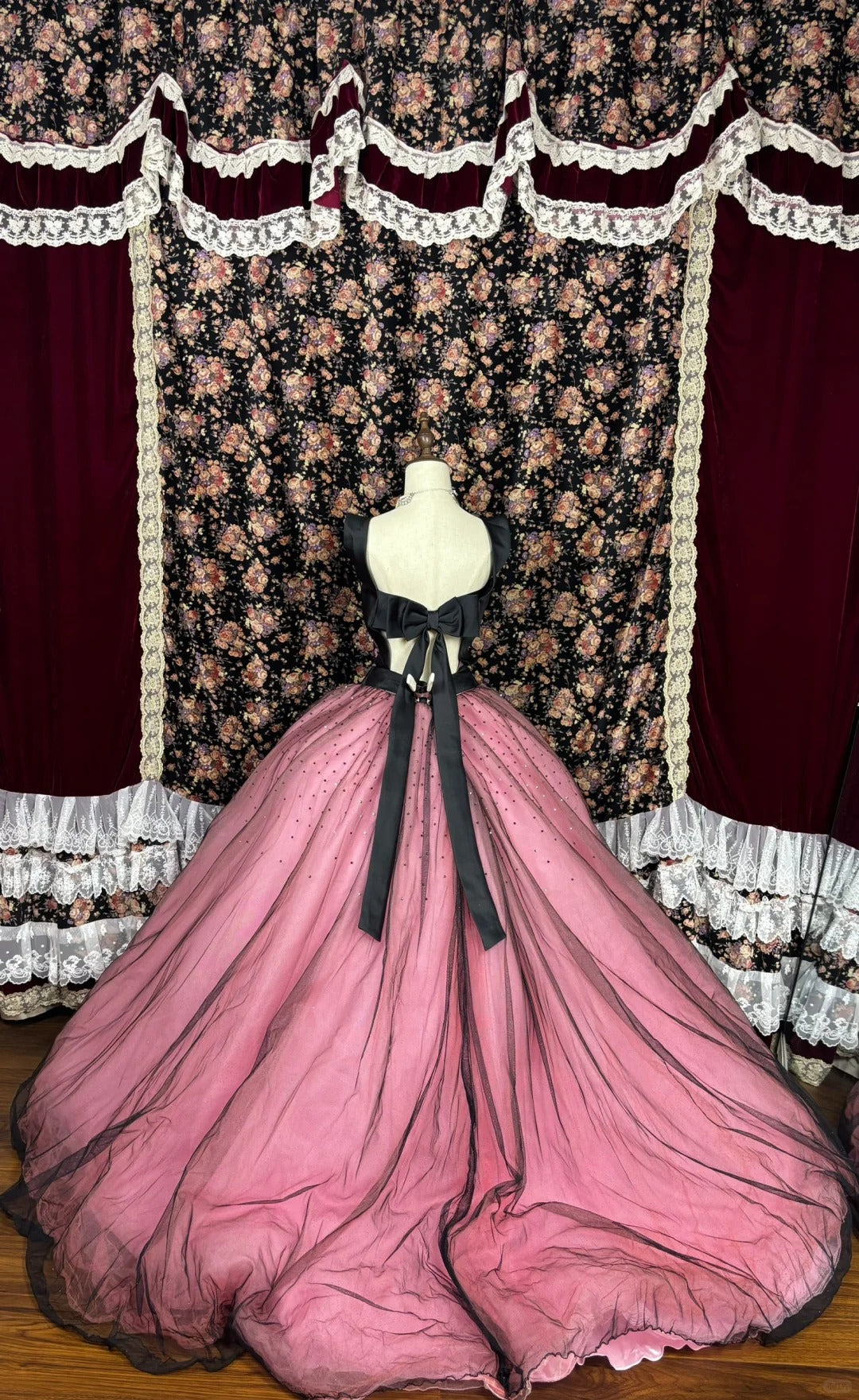 Pink applique floral lace princess long tulle ball gown evening dress quinceanera dress nv4652