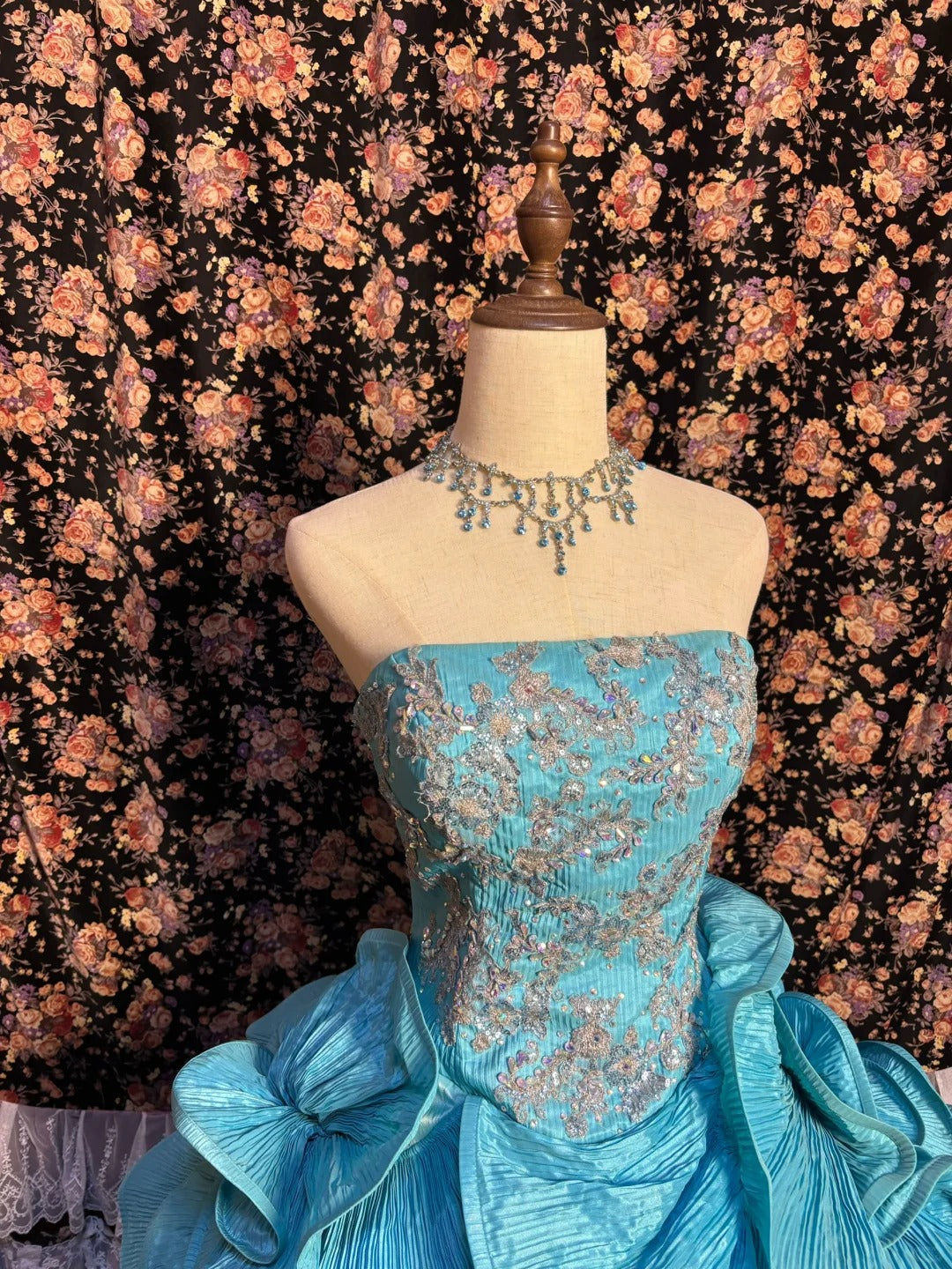 Blue Elegant Delicate Floral Long Satin Ball Gown Evening Dress Party Dress nv4011