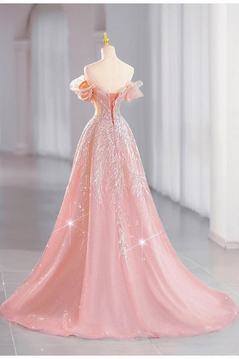 Pink Sparkling Elegant Long Tulle Ball Gown Evening Dress nv4227