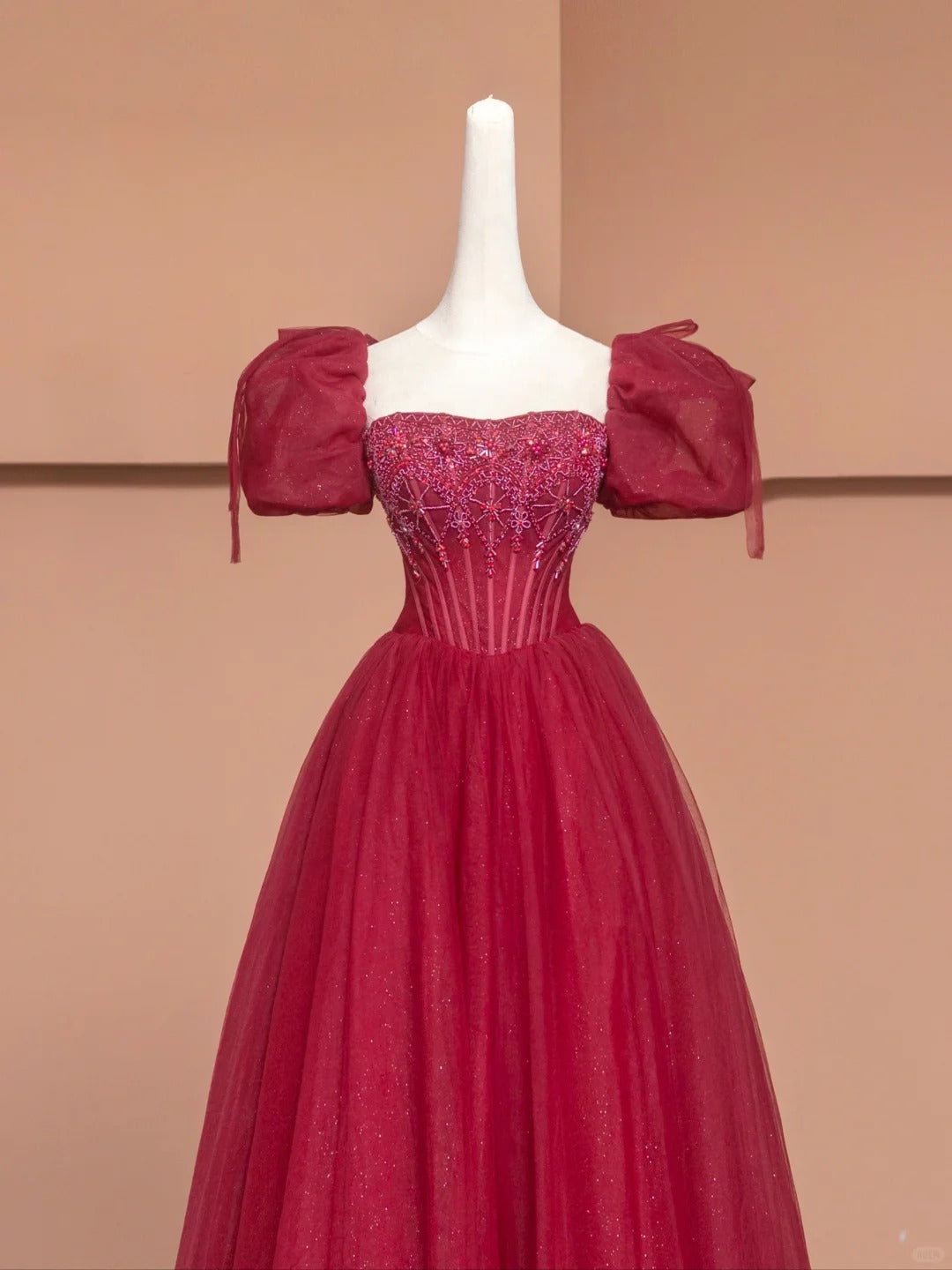 Red Vintage Exquisite Beaded Long Tulle Prom Dress Evening Dress Party Dress Ball gown nv4729