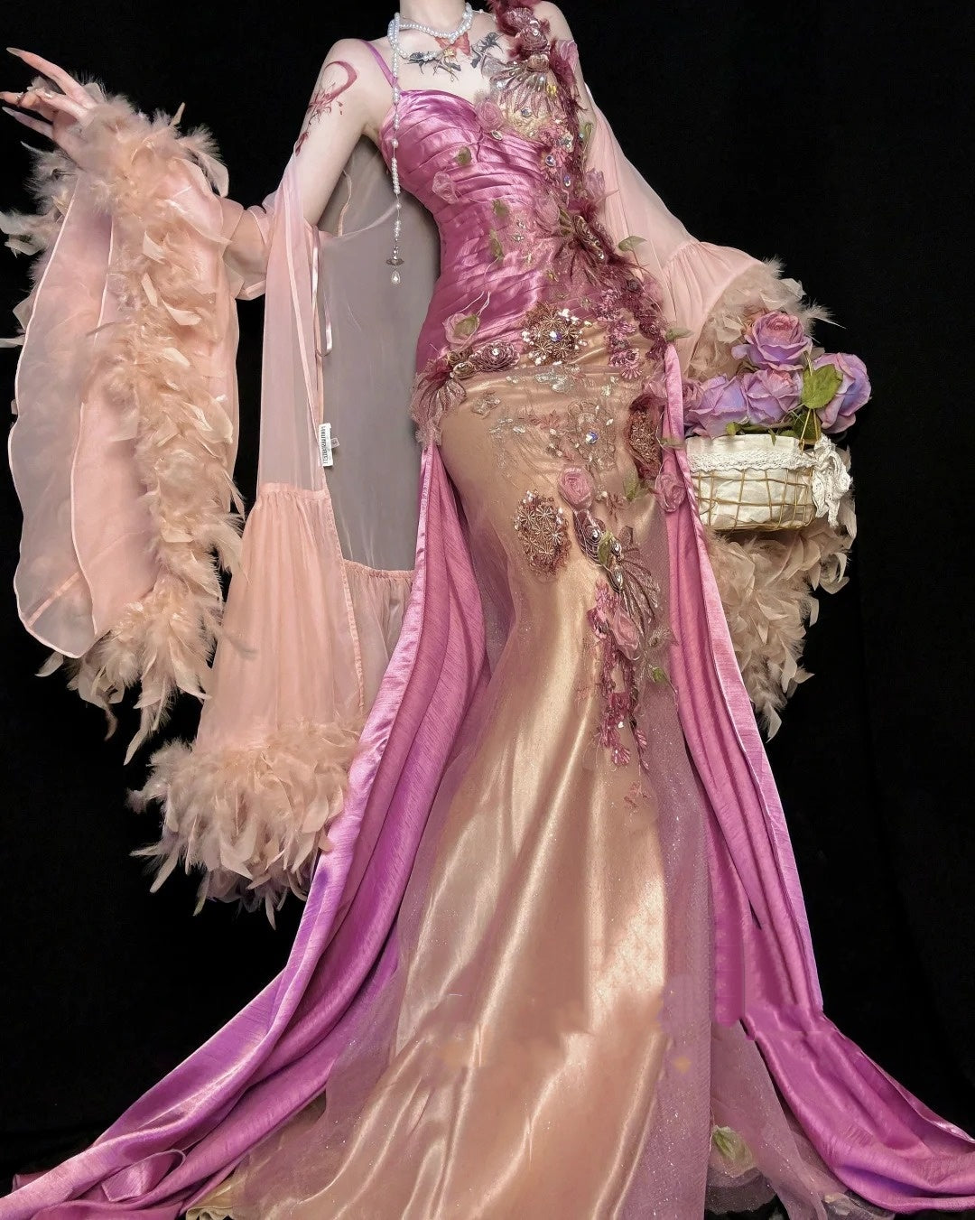 🌸Pink and purple floral beaded long satin ball gown evening dress fairy dress nv4433