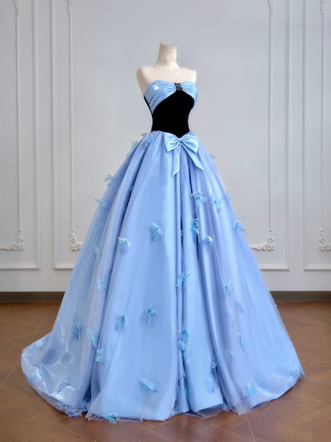 Blue bow long satin ball gown evening dress Quinceanera Dresses nv4942