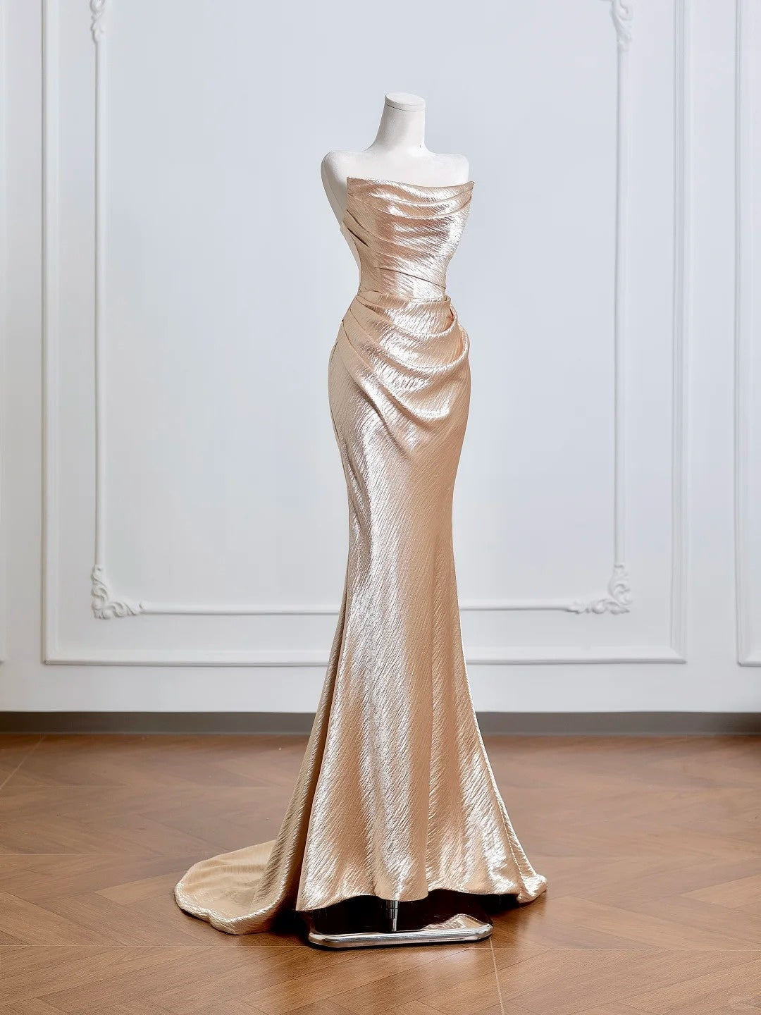 Champagne Gold Elegant Long Satin Prom Dress Evening Dress Party Dress nv4949