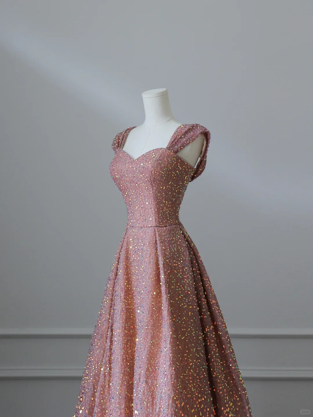 Pink Gold Shiny Sequins Elegant Long Satin Ball Gown Evening Dress nv4340