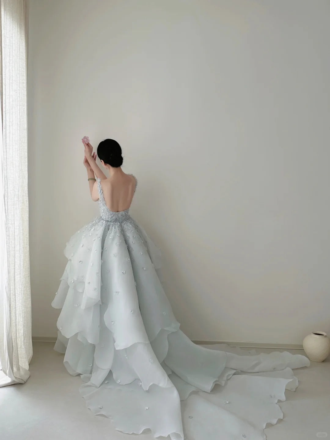 Light Blue Gorgeous Exquisite Beaded Long Floor Length Tulle Sequin Layered Ball Gown Evening Gown Wedding Dress nv4071