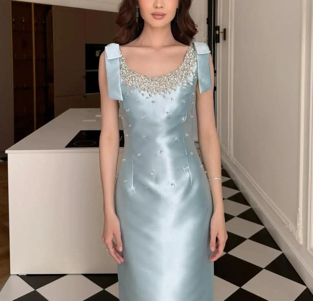 Light Blue Exquisite Beading Long Satin Ball Gown Evening Dress Party Dress nv4170