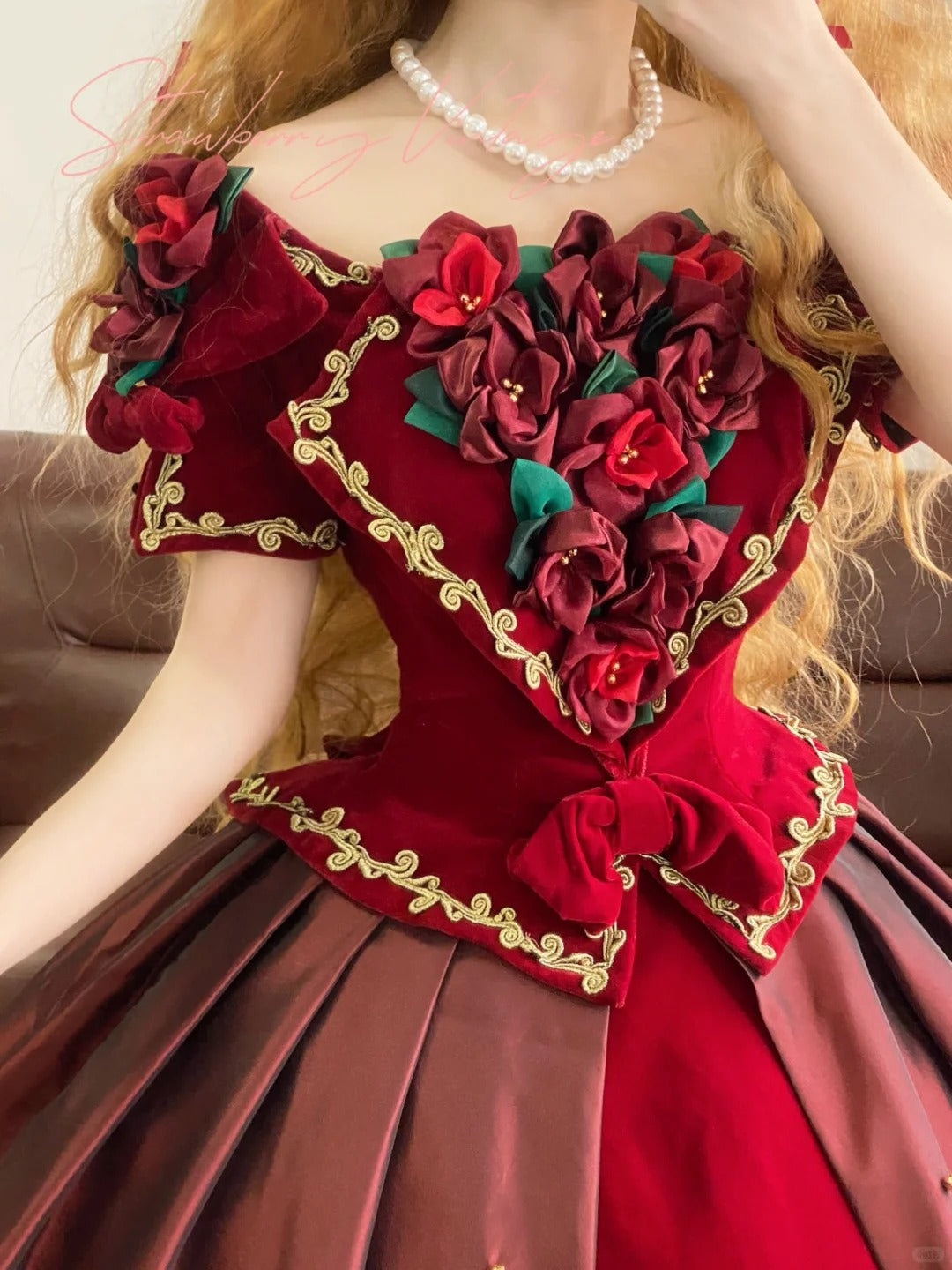 Burgundy Vintage Elegant Floral Long Satin Princess Ball Gown nv5006