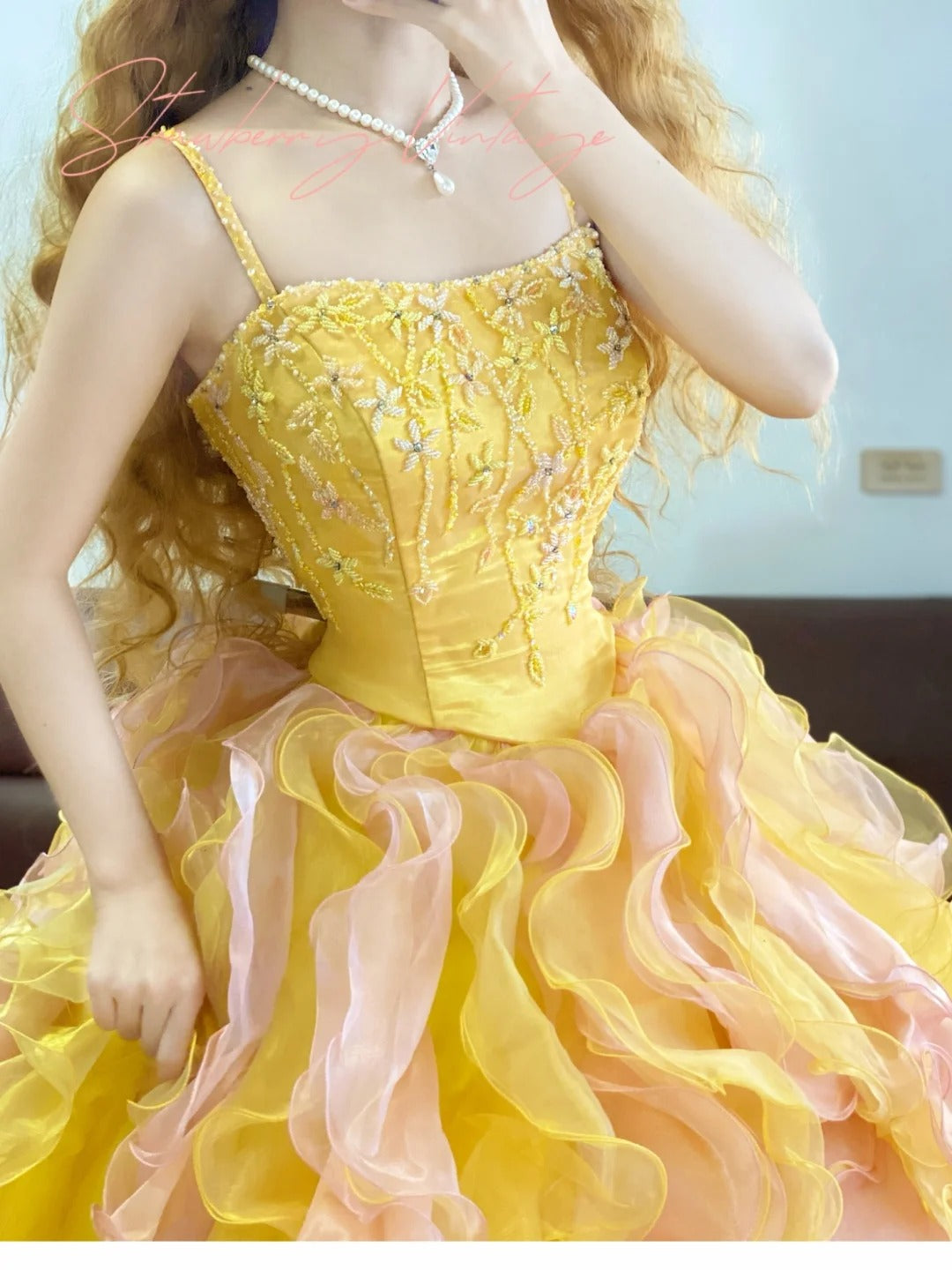 Yellow Beaded Gradient Long Tulle Ball Gown Princess. nv5079