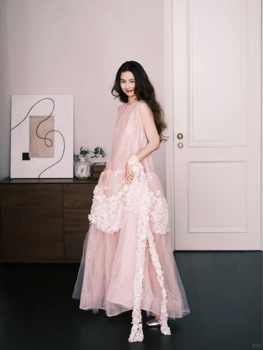 Blush Pink 3D Flower Tulle Prom Dress, Sleeveless Tiered Sparkly Formal Gown NV7279