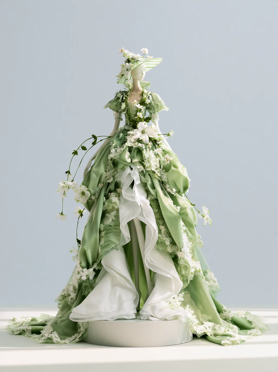 Sage Green Square Neck Puff Sleeve Satin 3D Floral Fairy Ball Gown NV7471