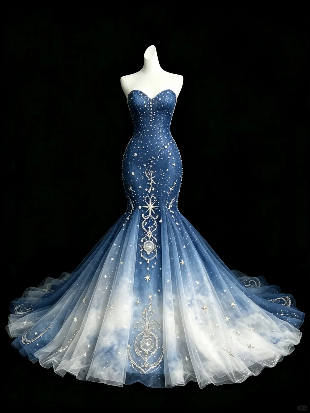 Blue to White Ombre Starry Sky Mermaid Prom Dress, Strapless Beaded Glitter Tulle Evening Gown NV7456