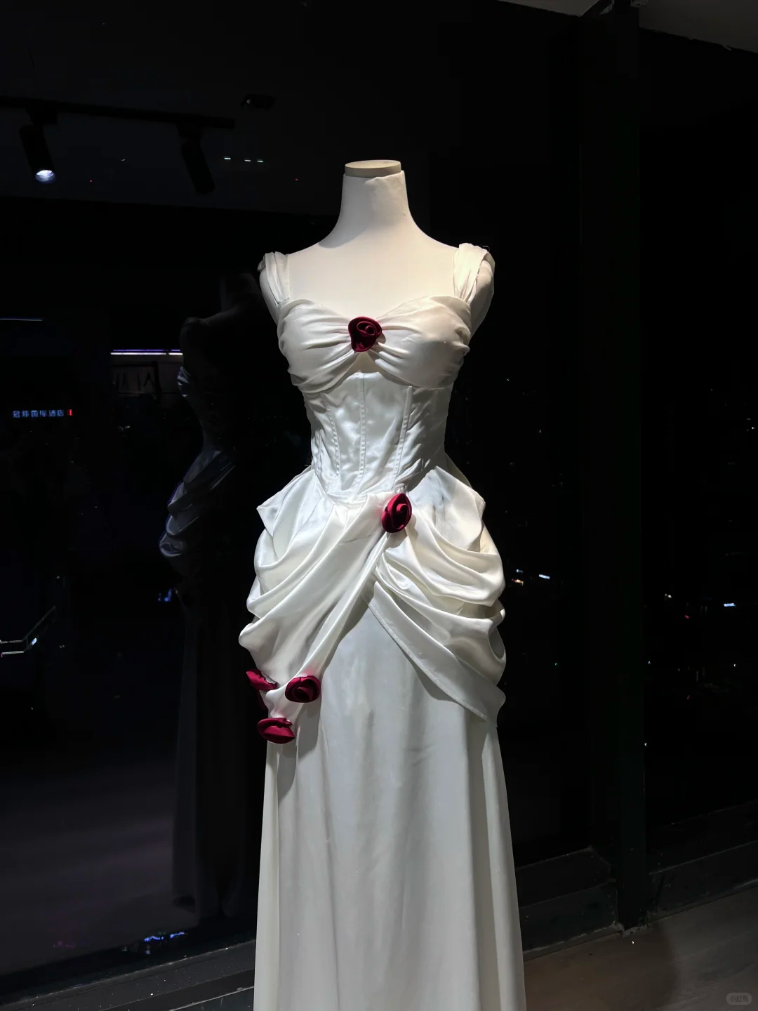 White Satin Corset Evening Dress, Spaghetti Strap Gown with 3D Burgundy Roses & Ruched Detail NV7083