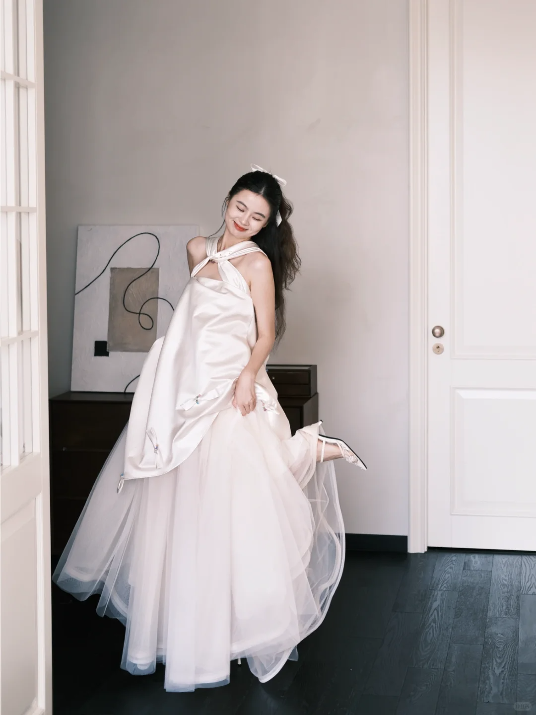 Halter Cutout Satin Tulle Wedding Dress with Beaded Bow Details NV7385