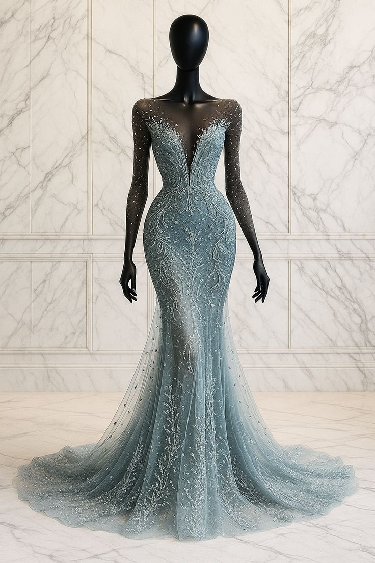 Robe longue en tulle bleu clair ornée de dentelle délicate et de perles NiceVestidos NV6132