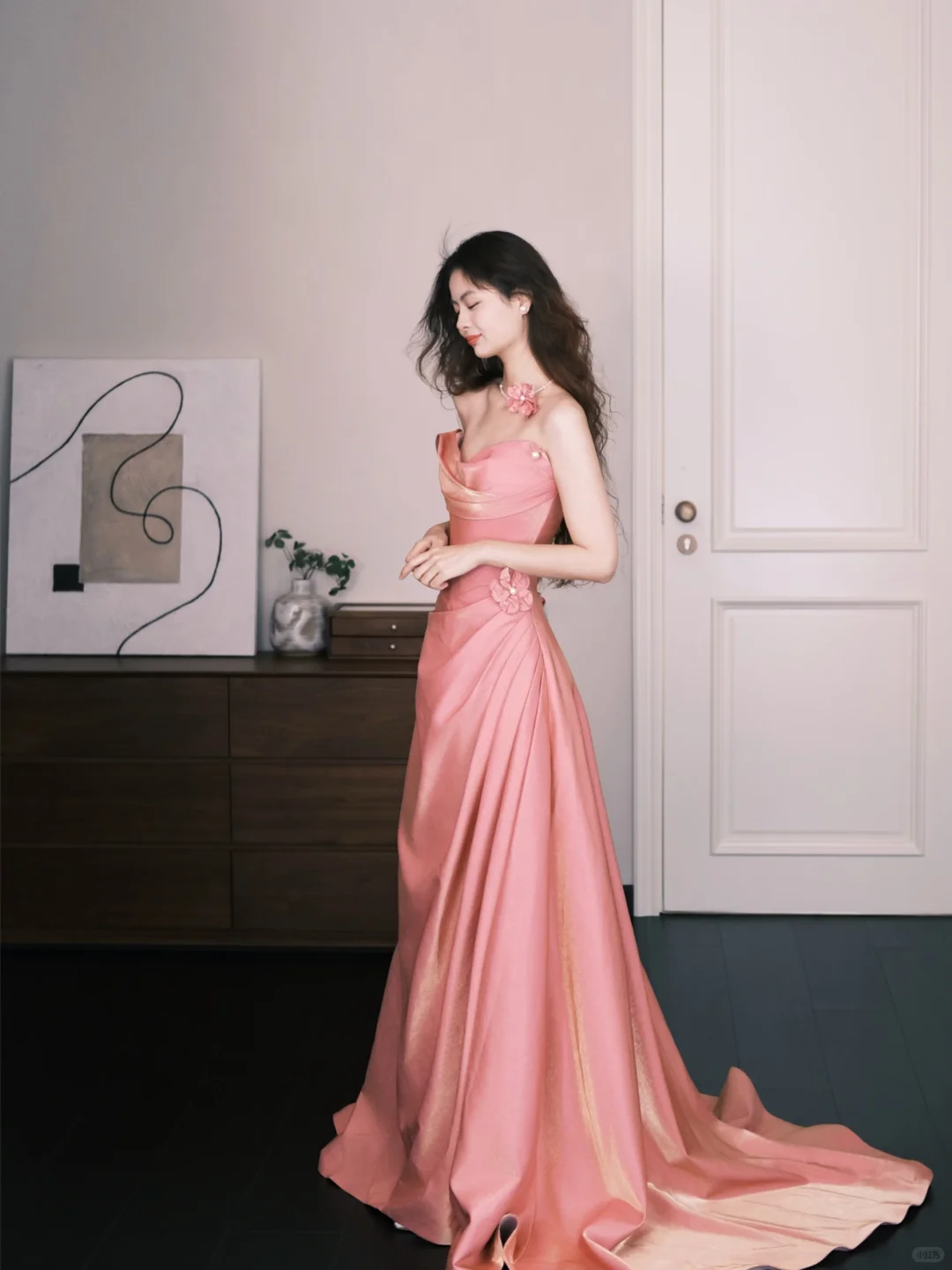 Strapless Cowl Neck Dusty Pink Satin Evening Dress with 3D Flower NV7358