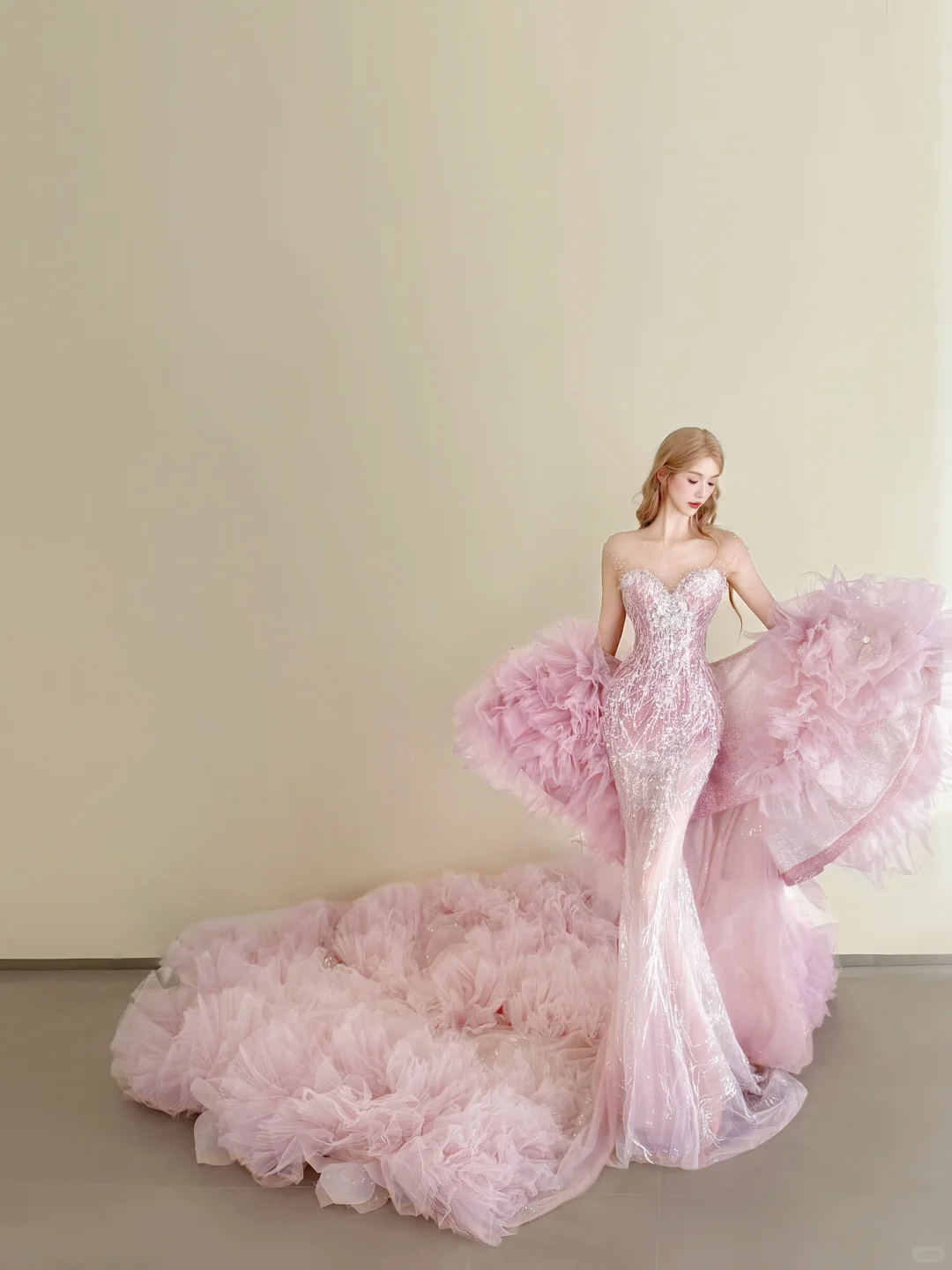 Pink Strapless Sequin Mermaid Gown 3D Cloud Tulle Train with Cape NV7182