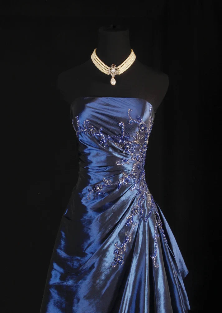Navy Blue Vintage Fashion Exquisite Beaded Ball Gown Off Shoulder Long Satin Elegant Prom Dress Party Dress nv3769