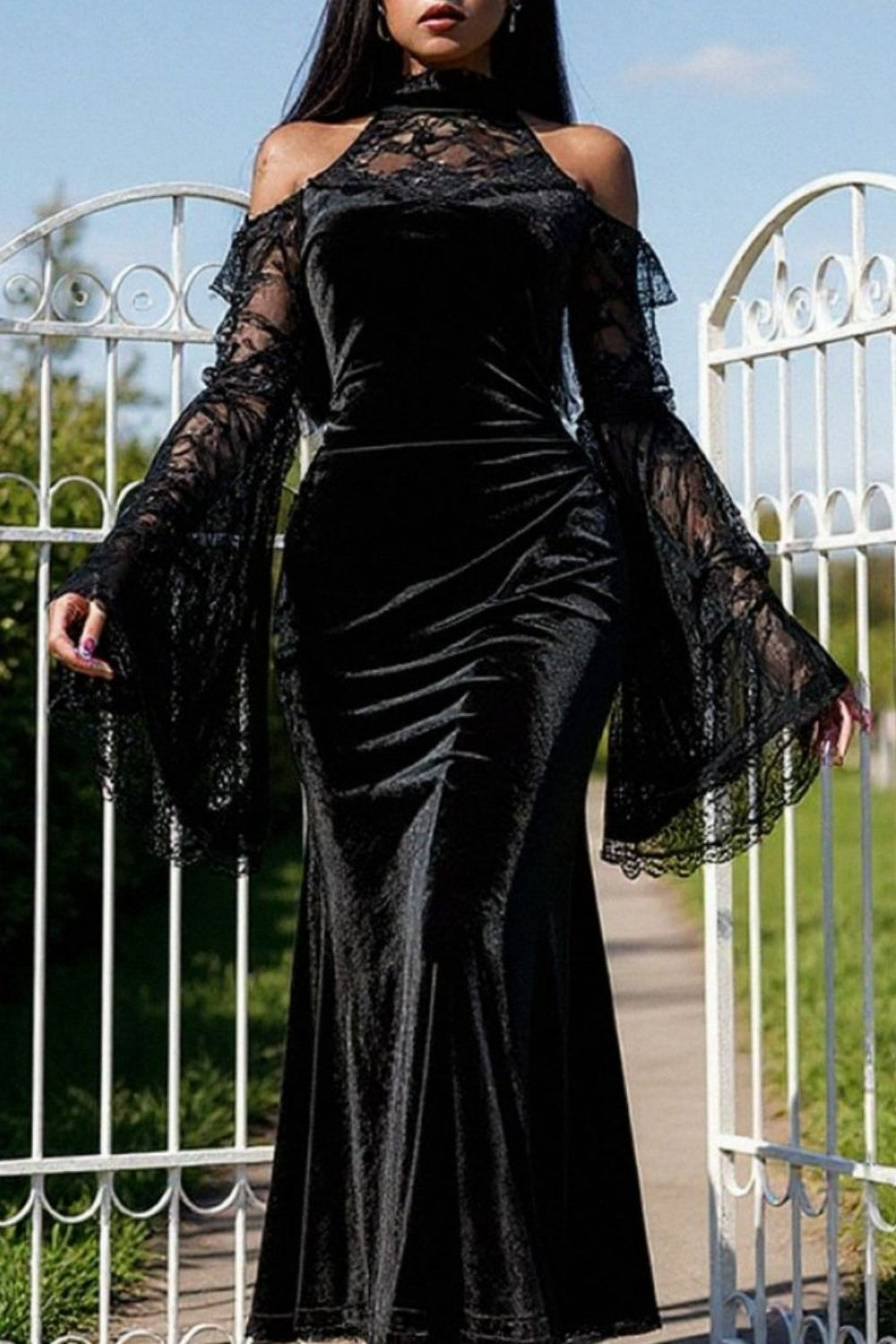 NiceVestidos-_Gothic off-the-shoulder lace gown, long velvet, witch-inspired elegance NV6012