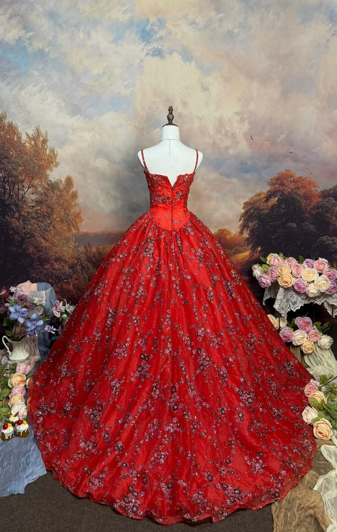 Red Vintage Floral Beaded Long Satin Ball Gown nv5144