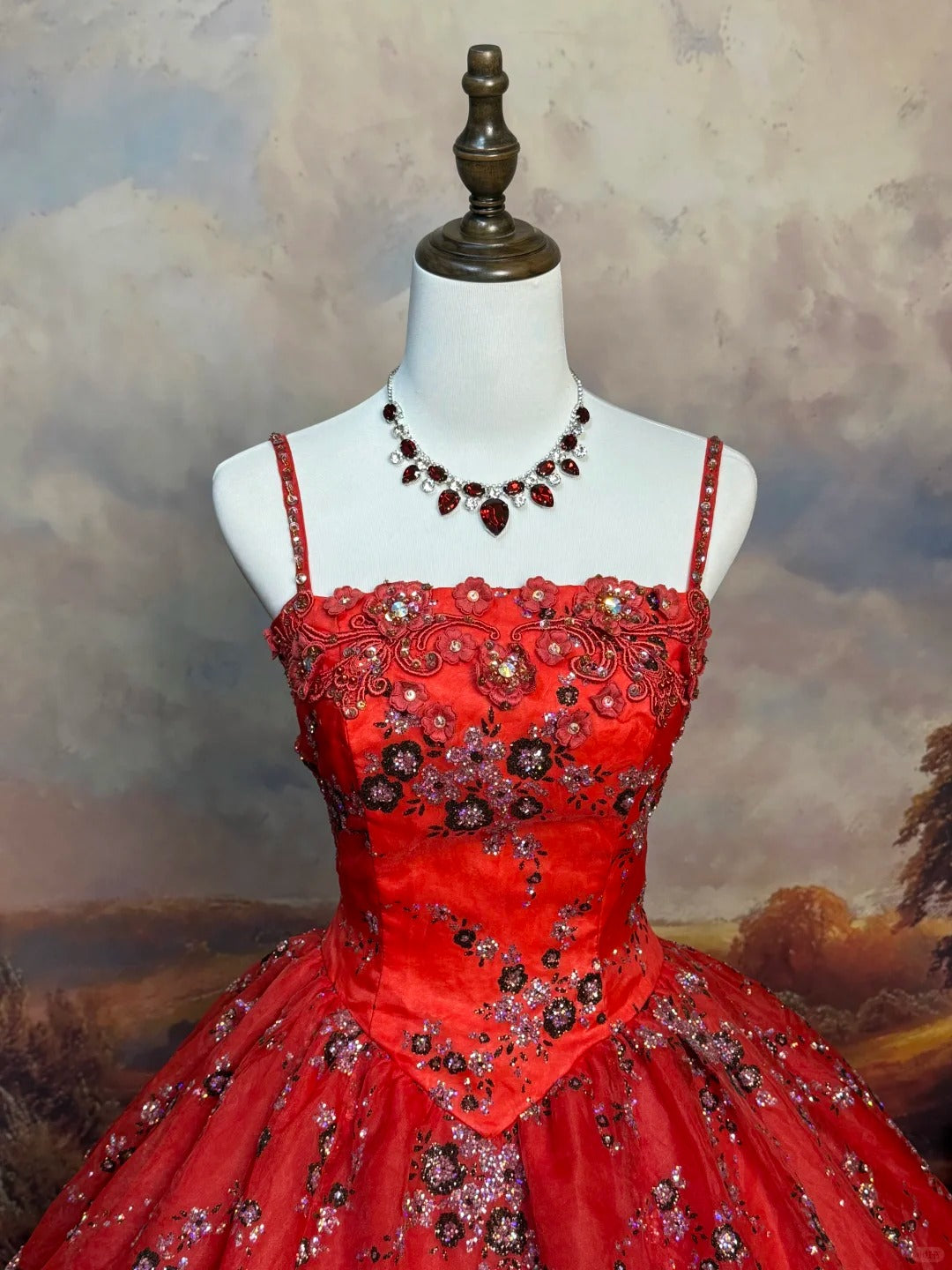 Red Vintage Floral Beaded Long Satin Ball Gown nv5144