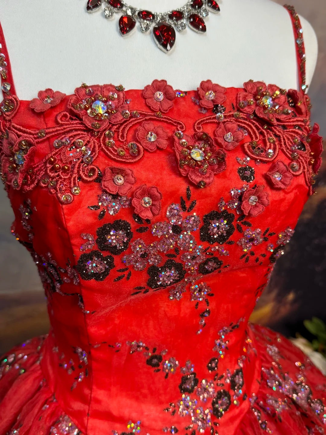 Red Vintage Floral Beaded Long Satin Ball Gown nv5144