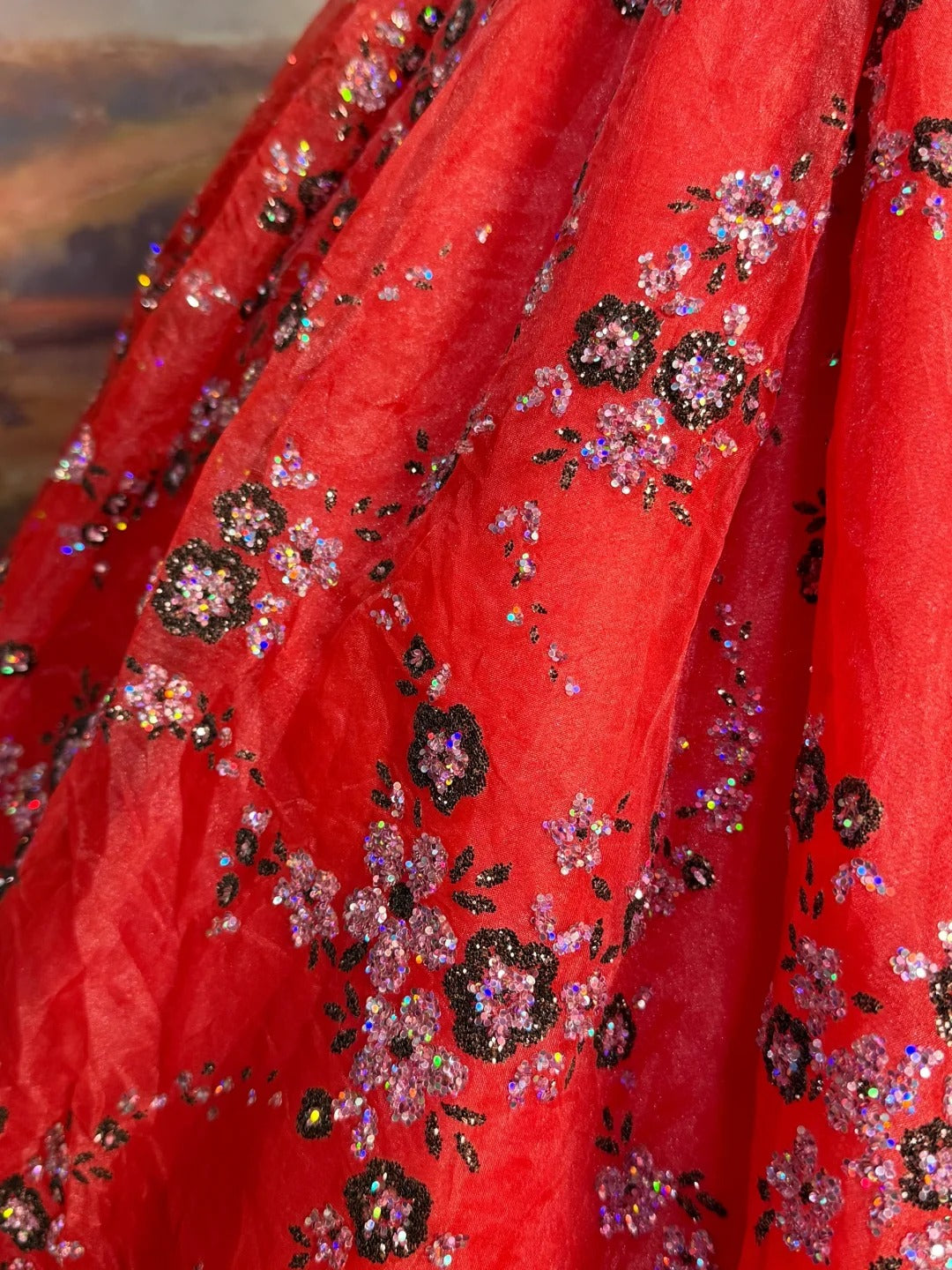 Red Vintage Floral Beaded Long Satin Ball Gown nv5144
