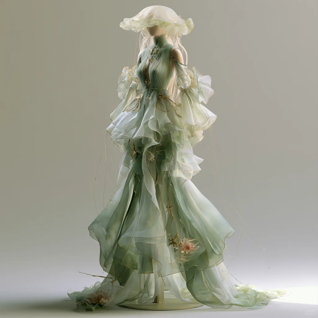 Light Sage Green Oriental Jellyfish Organza Gown with Mock Neck and Detachable Ruffle Sleeves NV7493