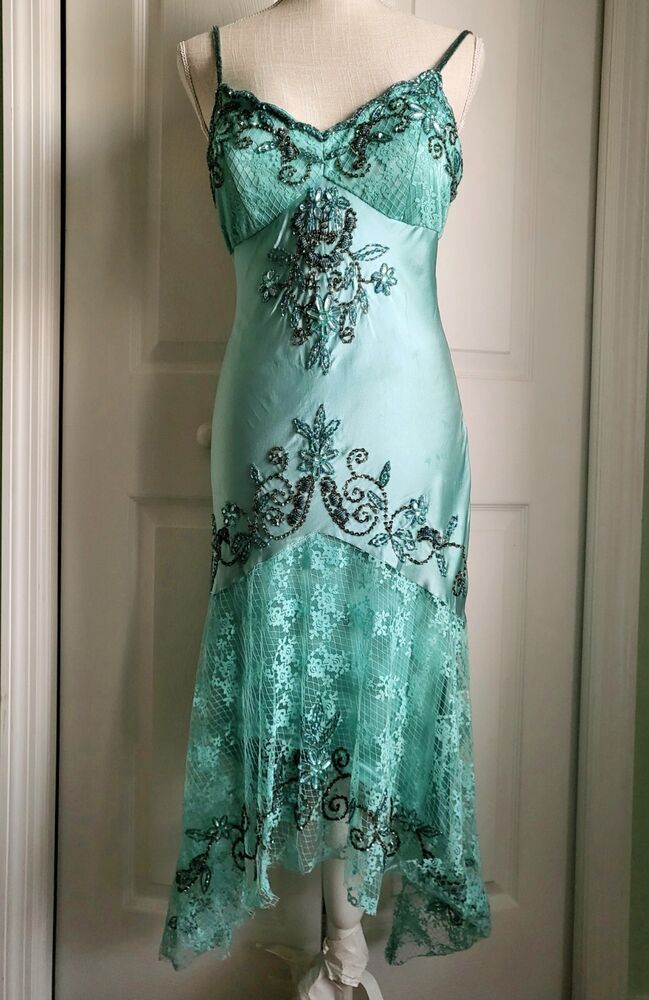 Turquoise Vintage Exquisite Beaded Lace Spaghetti Strap Long Prom Gown Evening Dress Party Dress nv3540